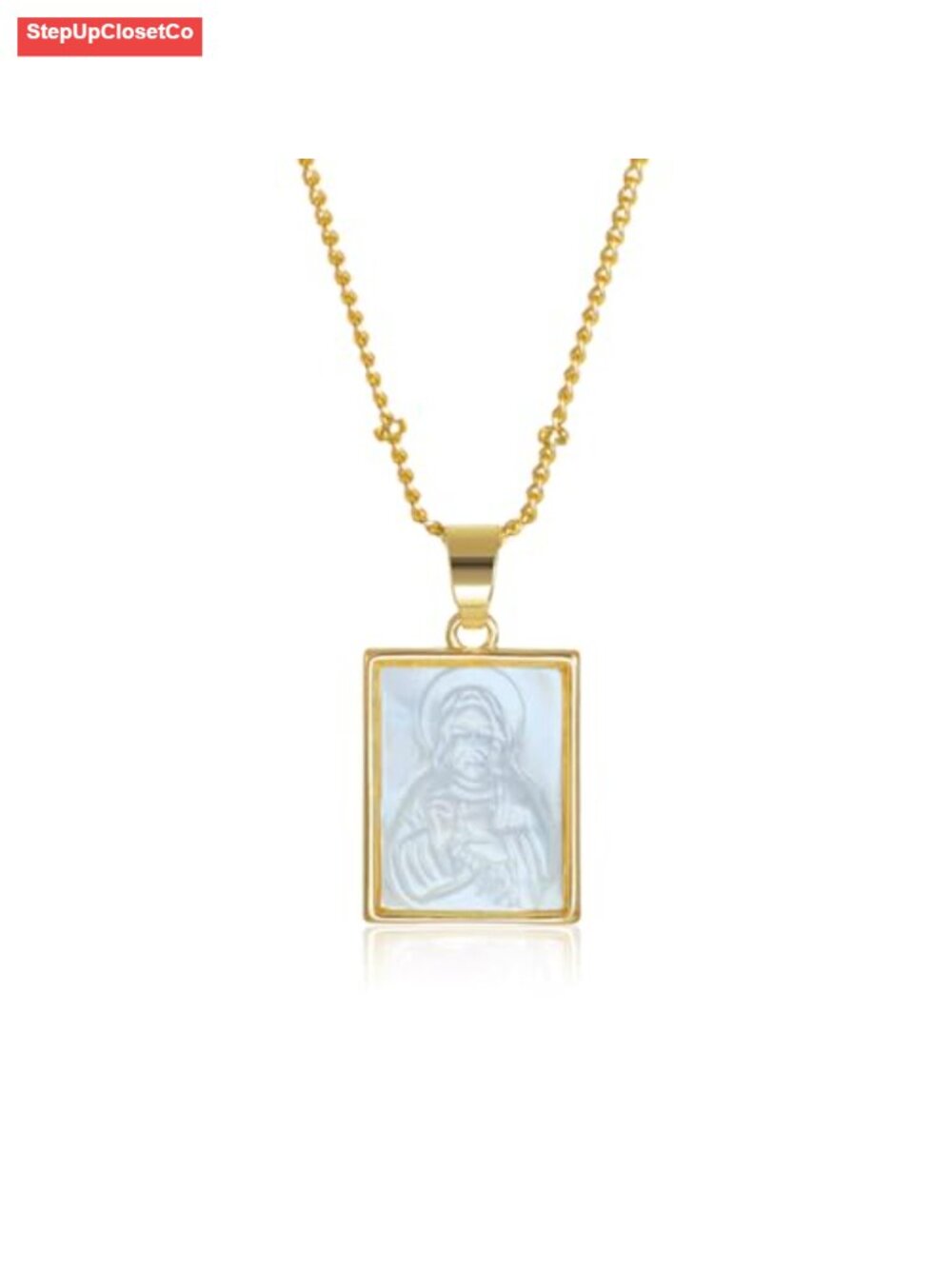 Mother of Pearl Pendant Necklace 18K Gold Plated Catholic Jewelry
